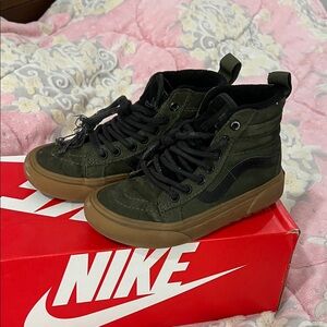 Vans Kids High-Top Sneakers in Olive Green and Black with Brown Gum Sole